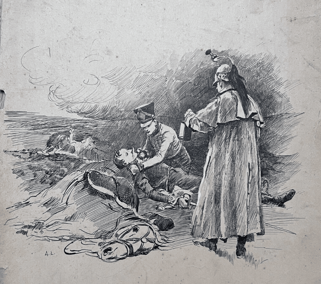 Antique Drawing 19th century Original War Military Scene, Death image 1