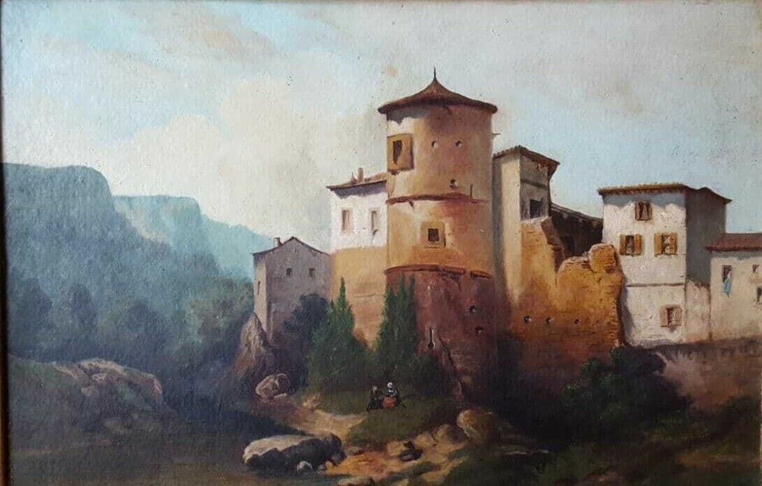 Antique Painting Oil Original 19th Century Fortified Hamlet Village Landscape image 1