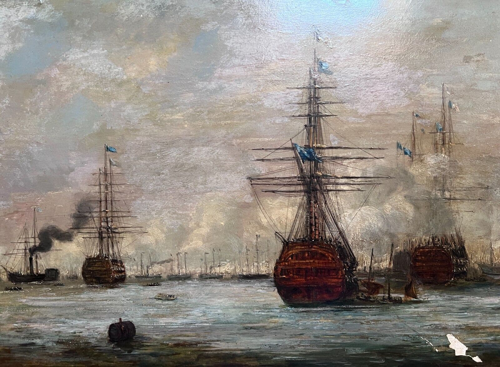 Antique Painting Original Flemish 19th Maritime Landscape Boats at Sea image 1