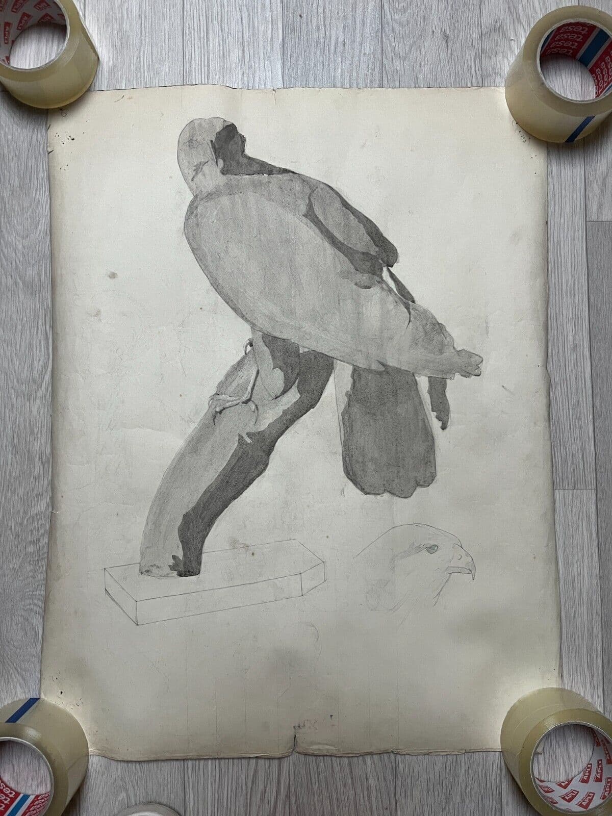 Antique Original Drawing Sculpture, Animal, Bird, Crow image 6