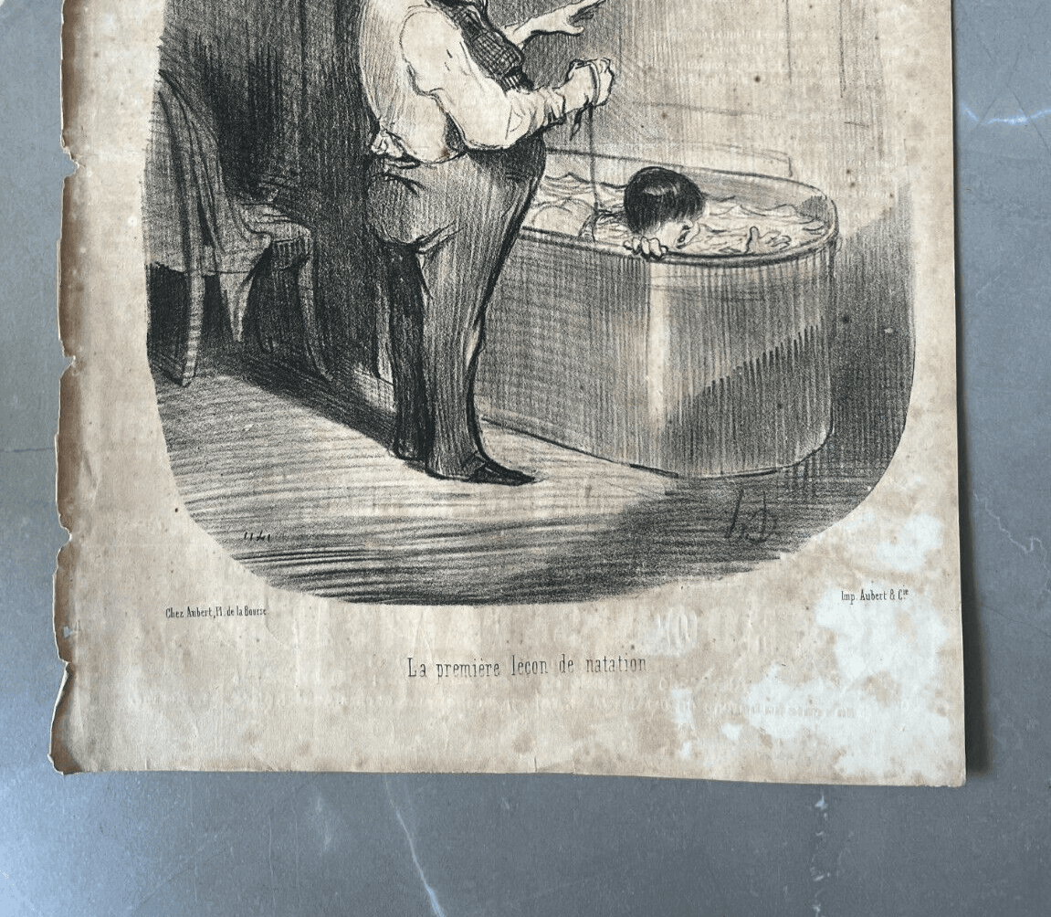 Antique Print 19th century Daumier, Les Papas, Lecon de Natation image 4