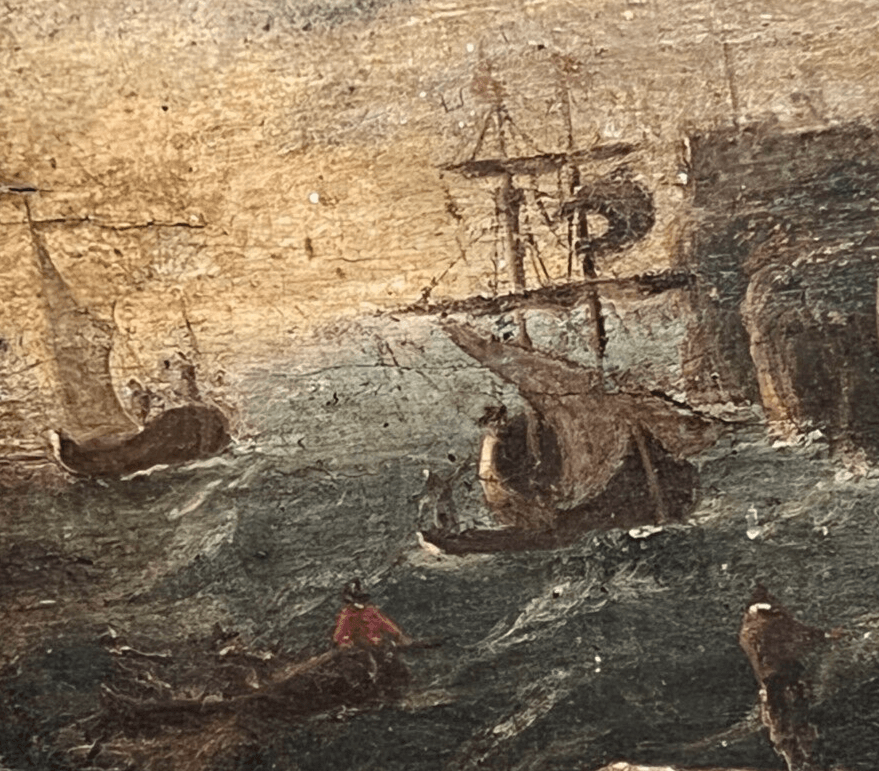Antique Oil Painting Original Seaview, Cityview People Boats 18th century Framed image 2