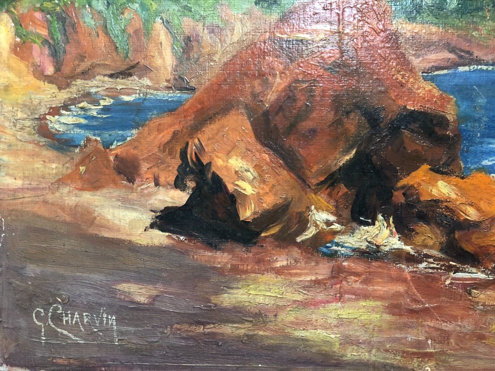Antique Oil Painting Seascape Landscape Maritime View, Rocks signed image 3