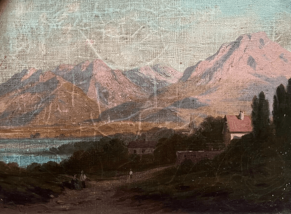 Antique Painting Original Landscape Mountains Italy's Alpine 19th century Framed image 1
