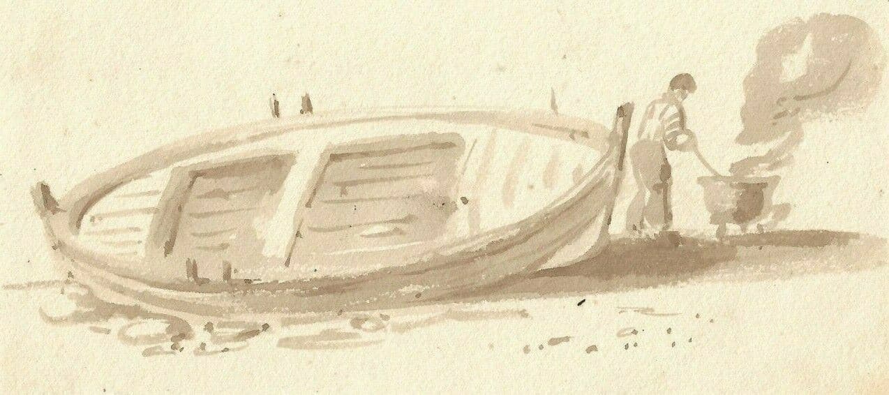 Antique Ink Original Drawing Man, Fire, Boat, Maritime, Beach, Seascape image 1