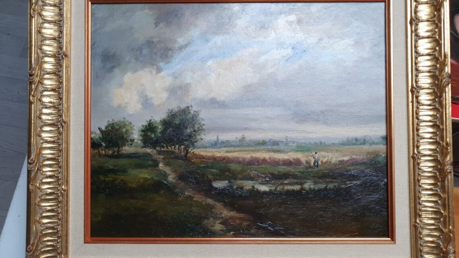 Antique Original 19th century Painting Landscape, Figure Barbizon, Fields image 2