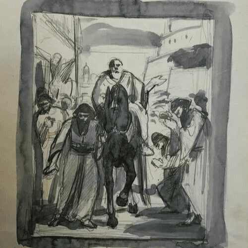 Antique Ink Original Drawing Original Man on Horse, Orientalist Figures image 1