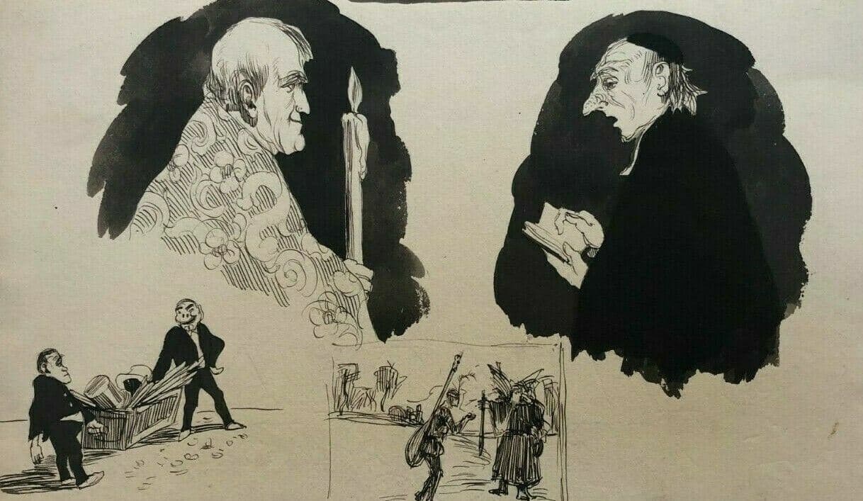 Antique Ink Drawing 19th century Priest, Religious, Scene de Genre image 1