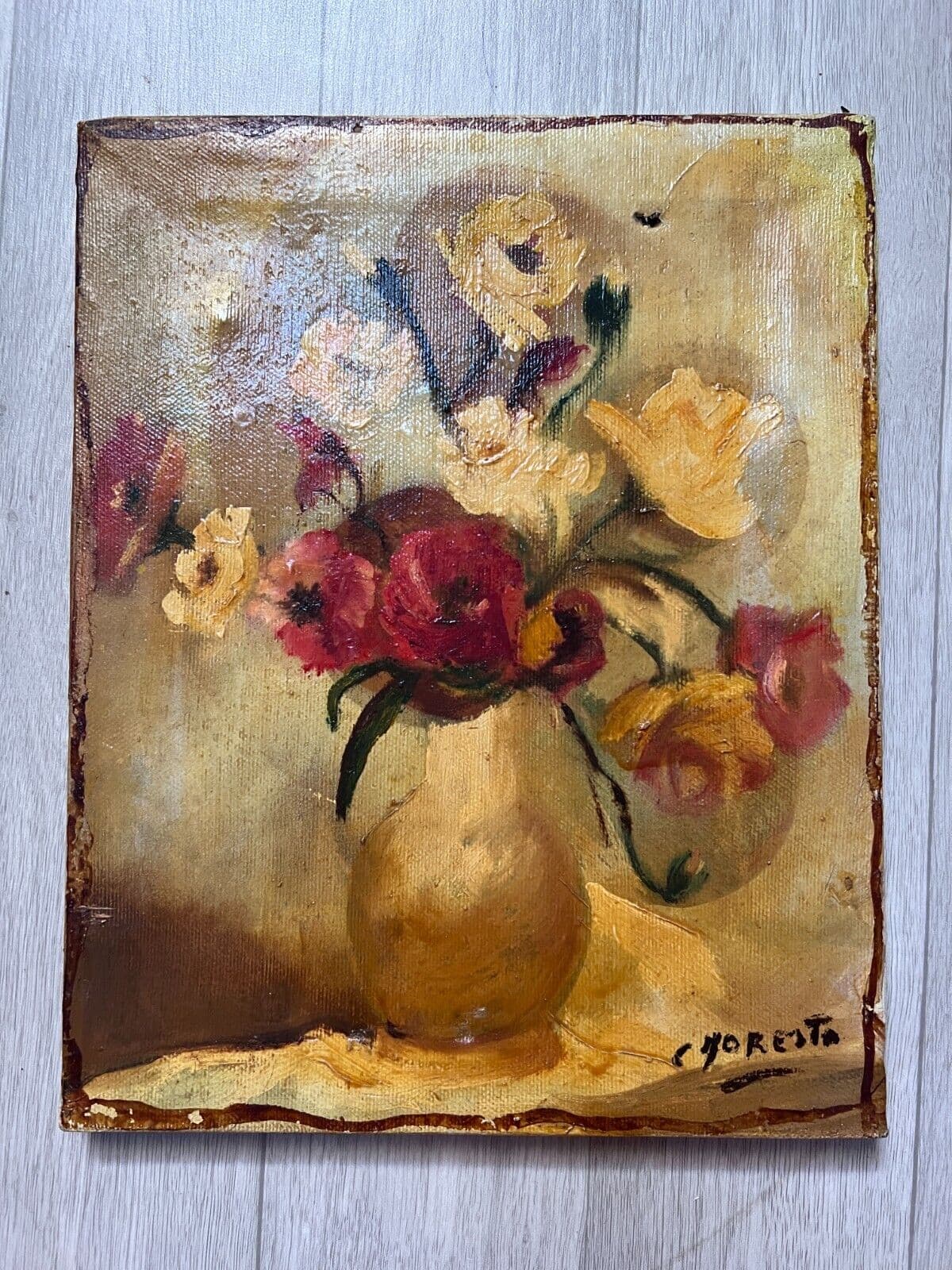 Antique Oil Painting C. FORESTO (1931) Still Life Bouquet, Flowers in a Vase image 5