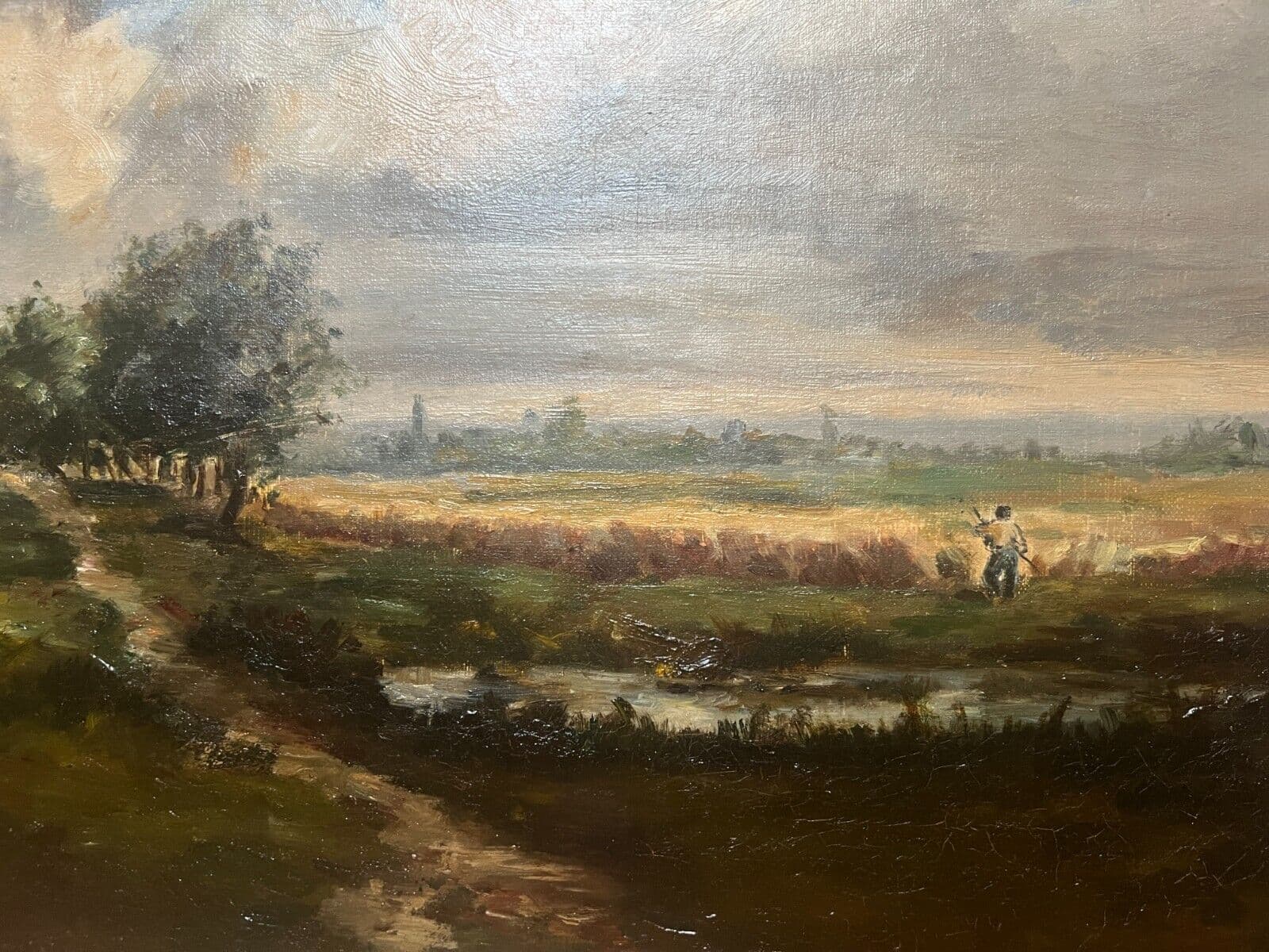 Antique Original 19th century Painting Landscape, Figure Barbizon, Fields image 10