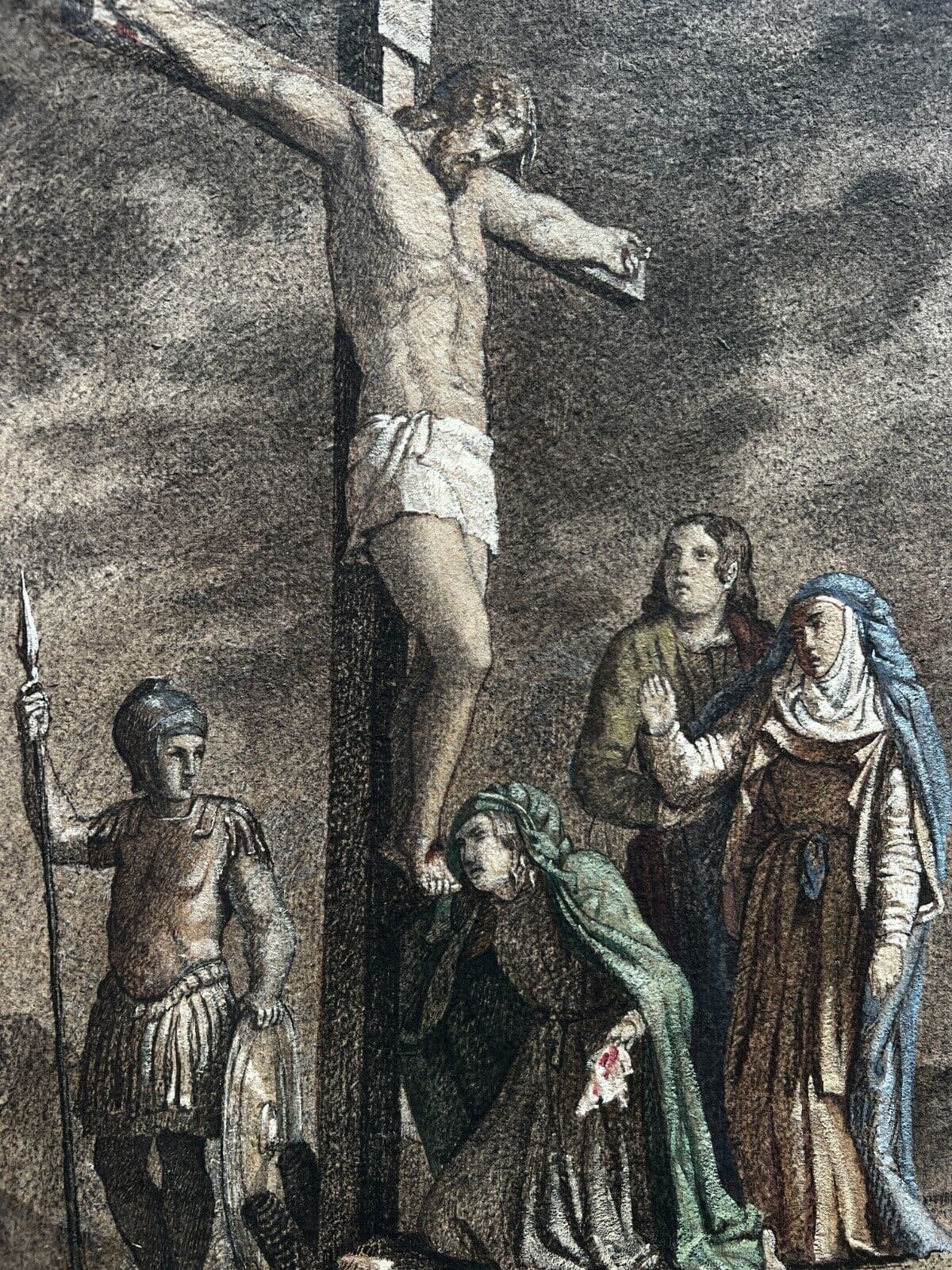 Antique Old Drawing 19th century Original Religious Christ on Cross and People