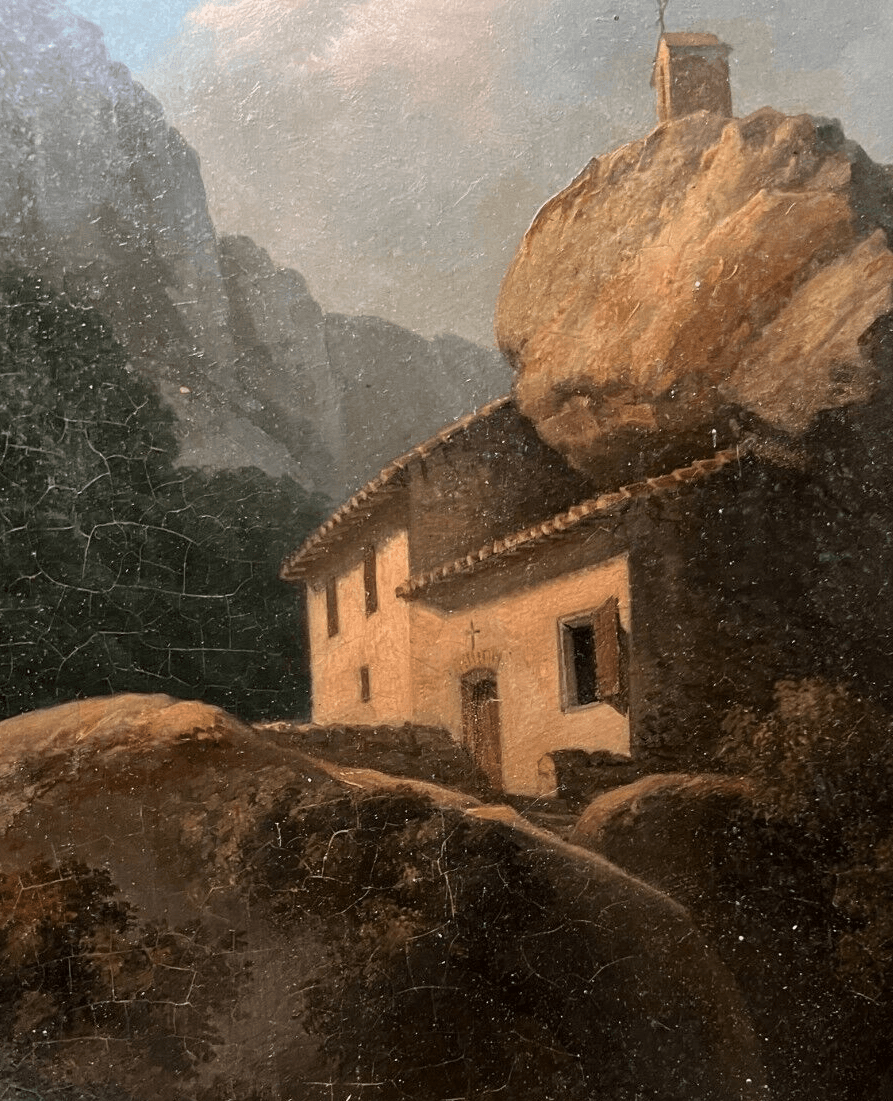 Antique Painting Original Landscape, House, Mountain, Religious, Meteora, Greece image 5