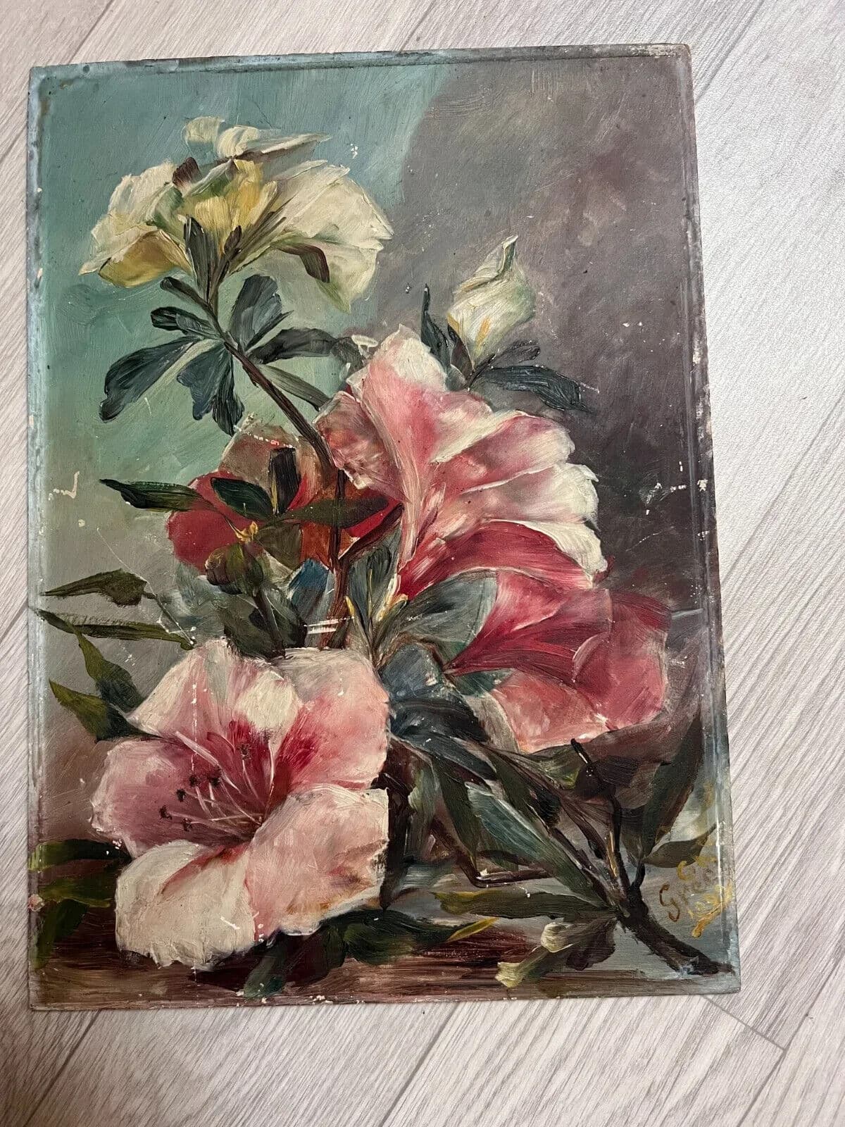 Antique Painting Flowers Bouquet Oil Pink Flower Bouquet Signed Floral image 4