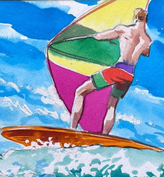 Vintage Ink Original Drawing Man Surfing, Sea, Holidays, Vacation image 2
