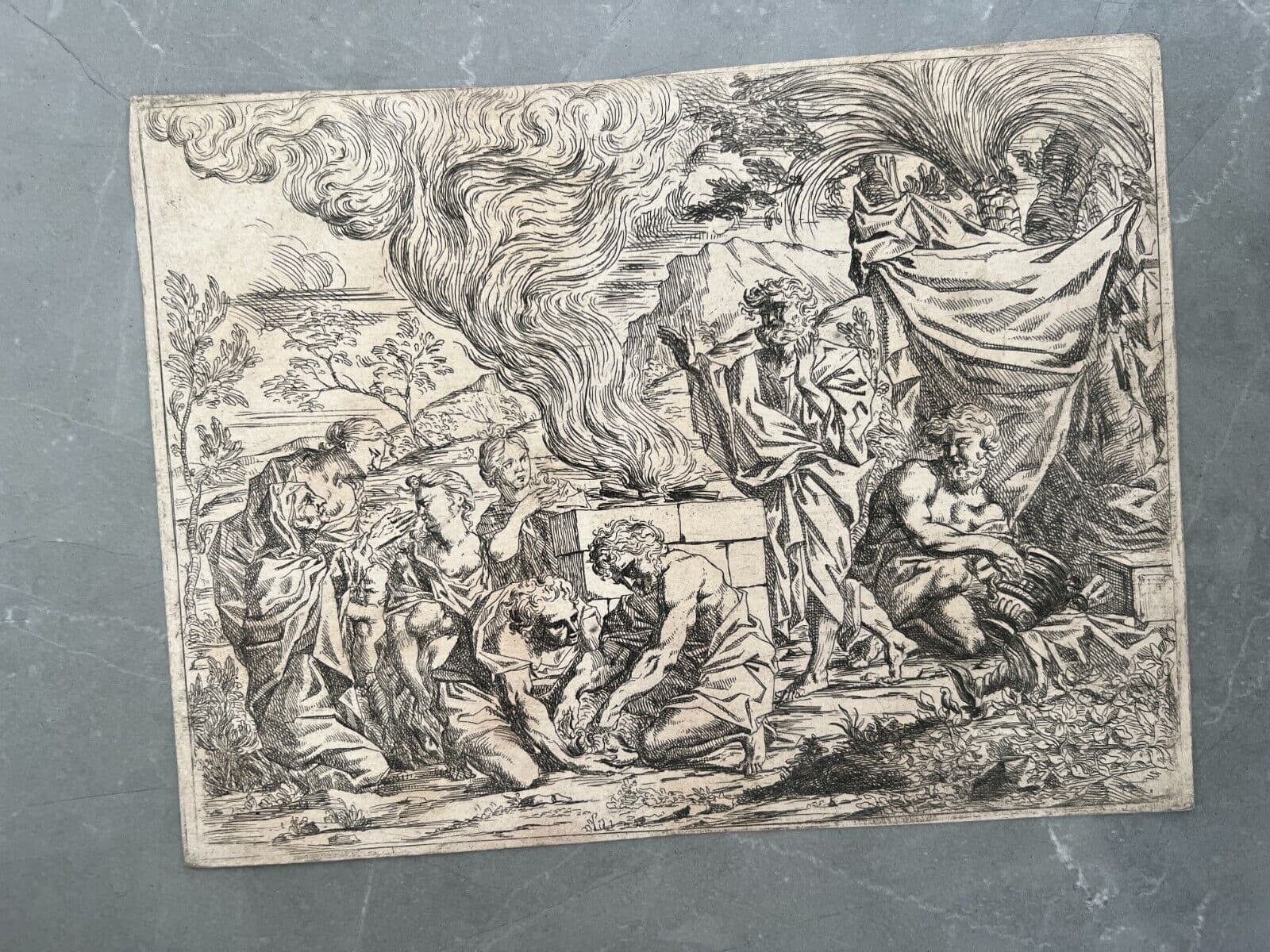 Antique Etching Original Religious, Bible, Fire, People, Moise image 7