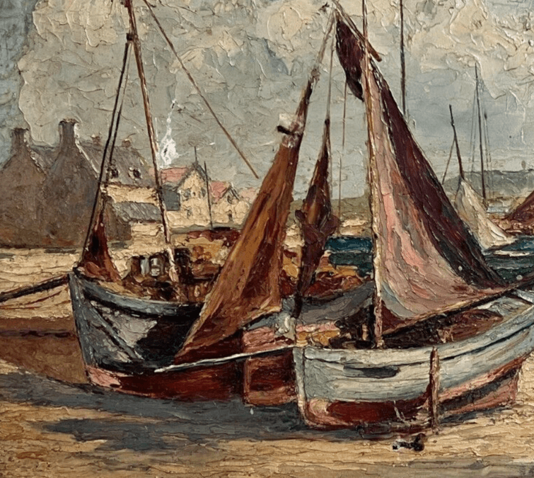 Antique Oil Painting Original Landscape, Seaview, Boats signed image 2