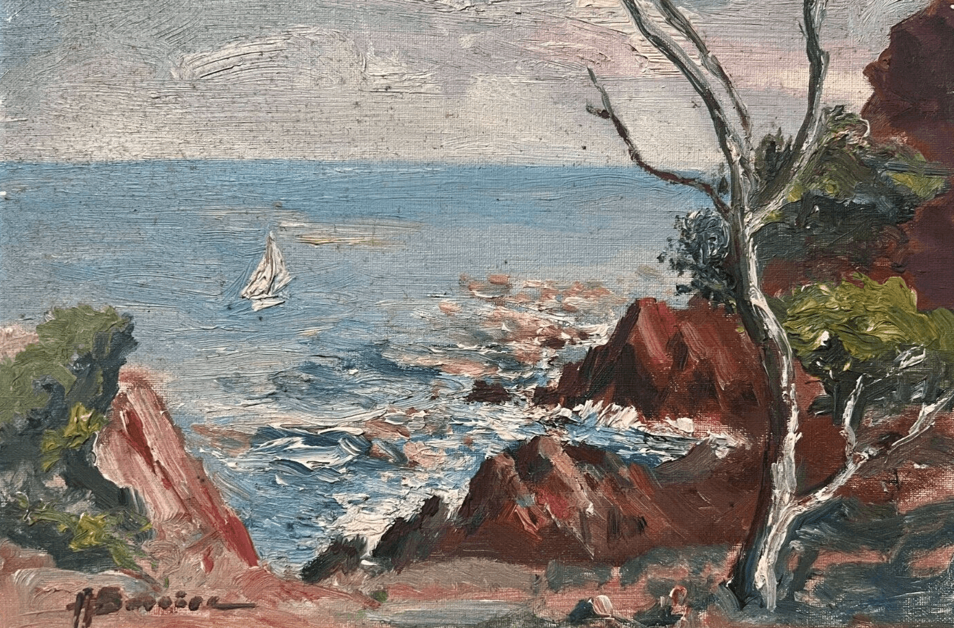 Antique Original Painting Seaside Landscape, Rocks signed image 1