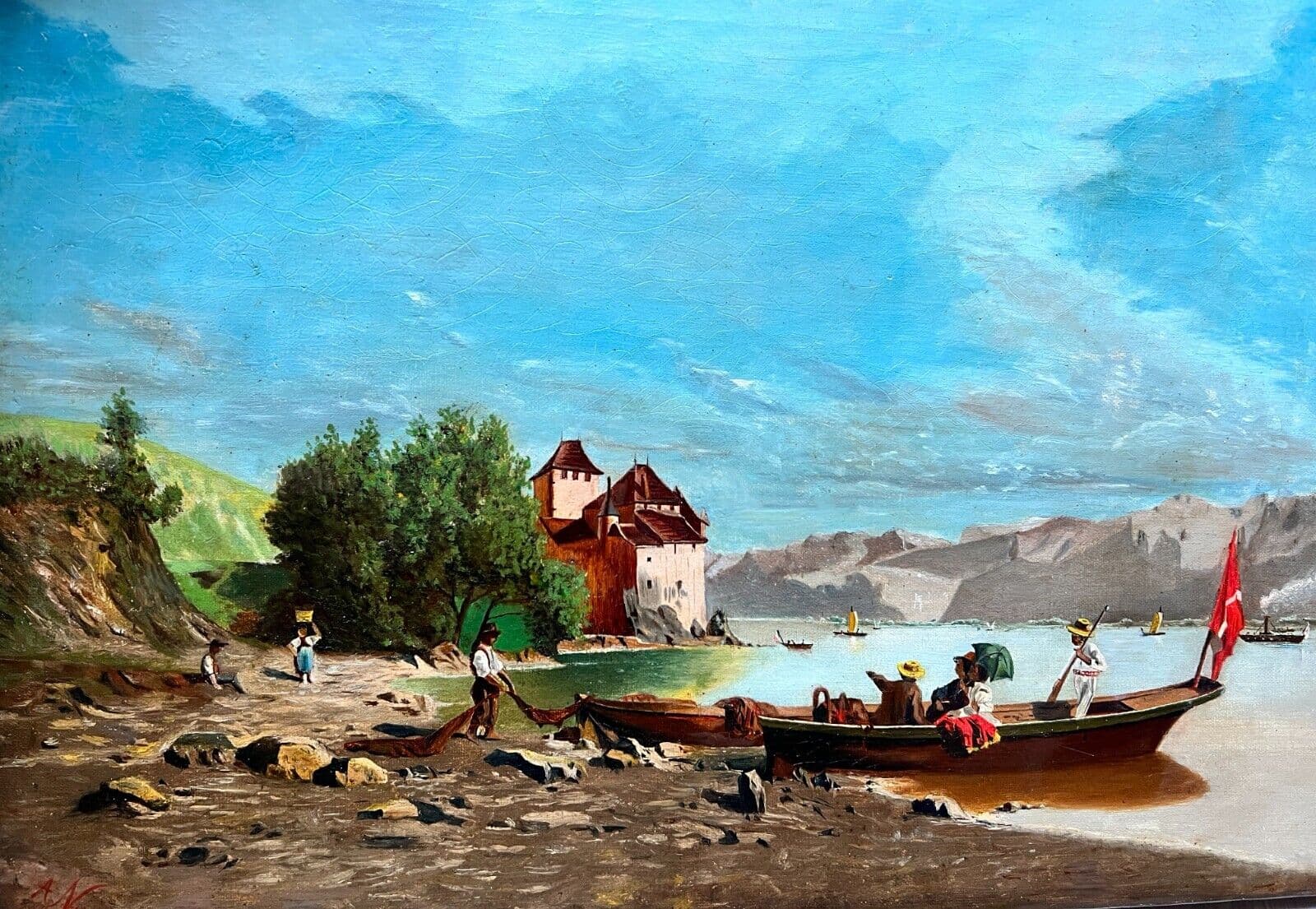 Antique Painting Original Landscape Amédée NURY (1856-?) Switzerland Lake, Boat image 1