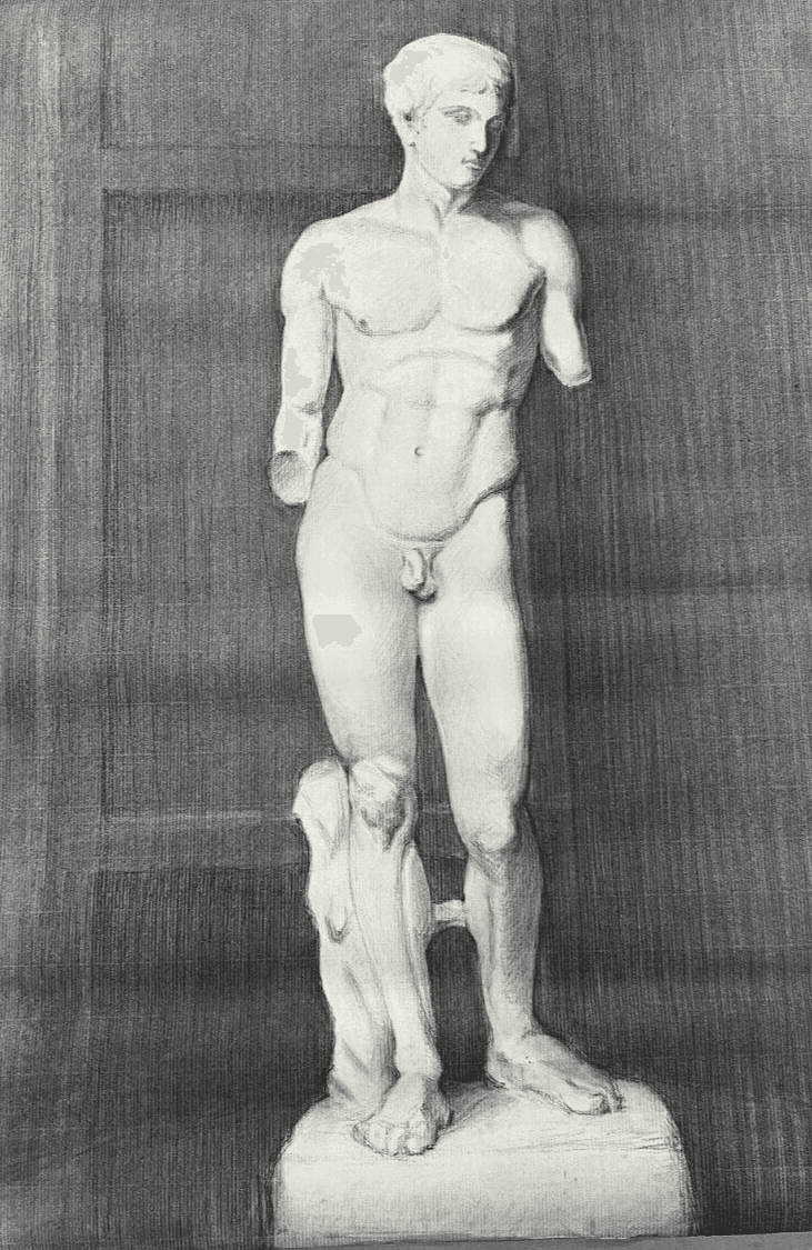 Antique Original Drawing Man, Portrait, Academic, Nude, Stick