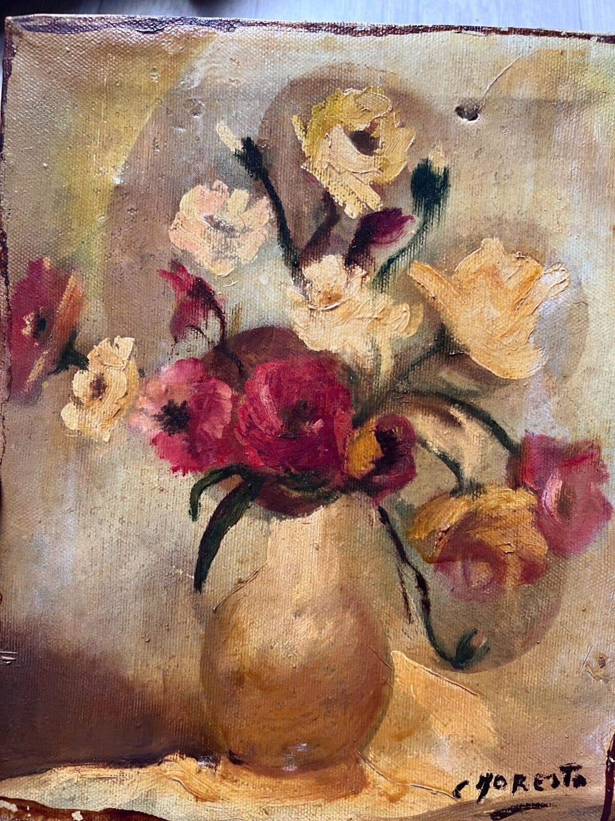 Antique Oil Painting C. FORESTO (1931) Still Life Bouquet, Flowers in a Vase image 2