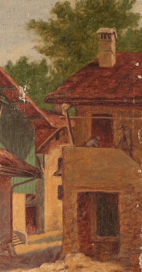 Antique Oil Painting on Canvas Landscape, Houses, Village signed image 2
