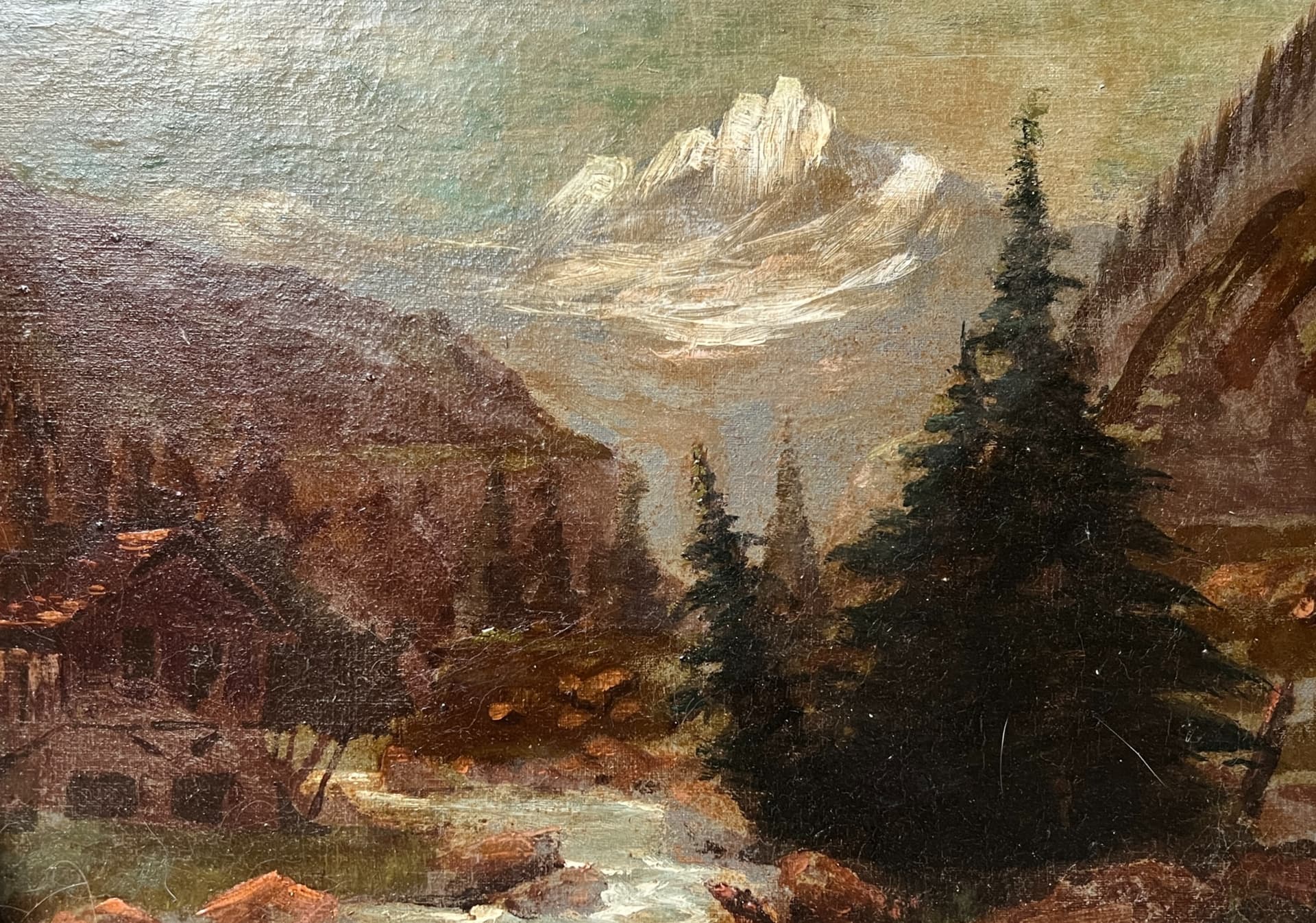 Painting Chalet River Mountain Landscape