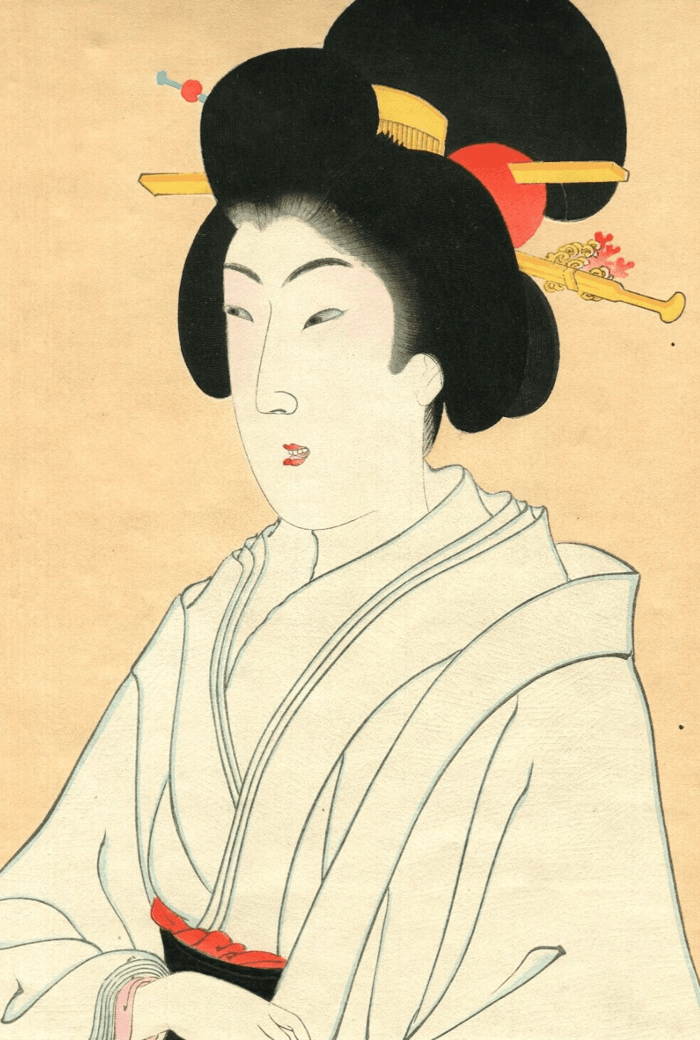 Antique Japanese WoodPrint Original 19th Woman Geisha Tea Portrait Asian Art image 1