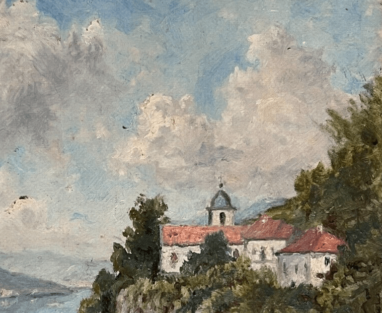 Antique Oil Vintage Original Painting Landscape Mountain Village, Lake image 5
