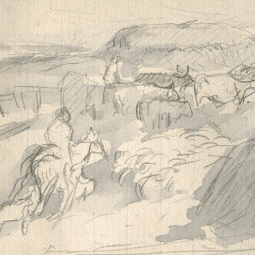 Vintage Pencil Ink Drawing Original Hay, House, Landscape, Cow, Horse Figure image 2