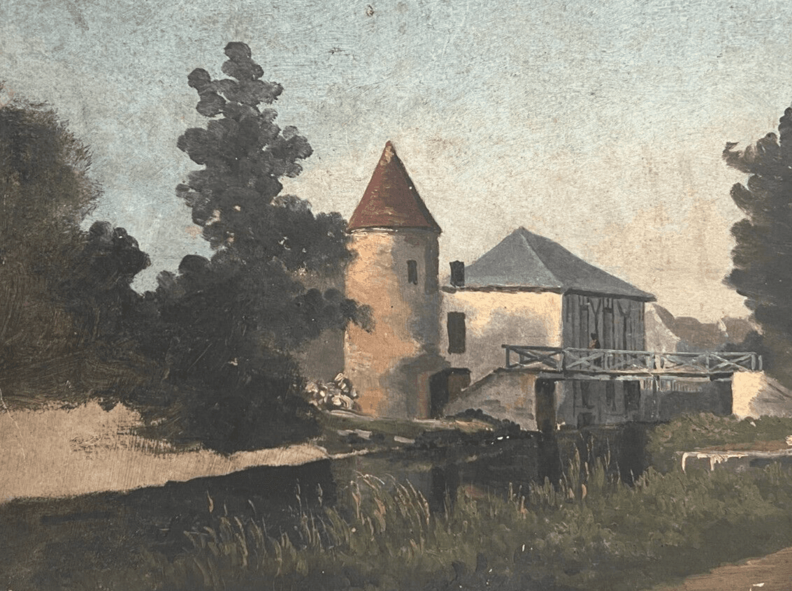 Antique Original Painting Landscape, River, House, Trees, Bridge