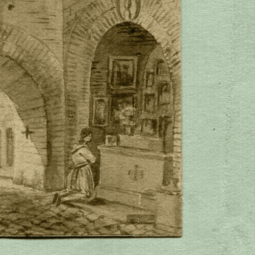 Antique Ink Drawing Religious 19th - Old Masters - Figures Praying in a Church image 4