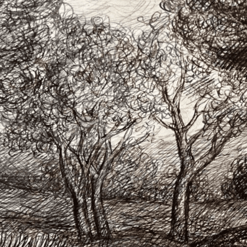 Original Antique Ink Drawing Landscape with Trees Artwork image 2
