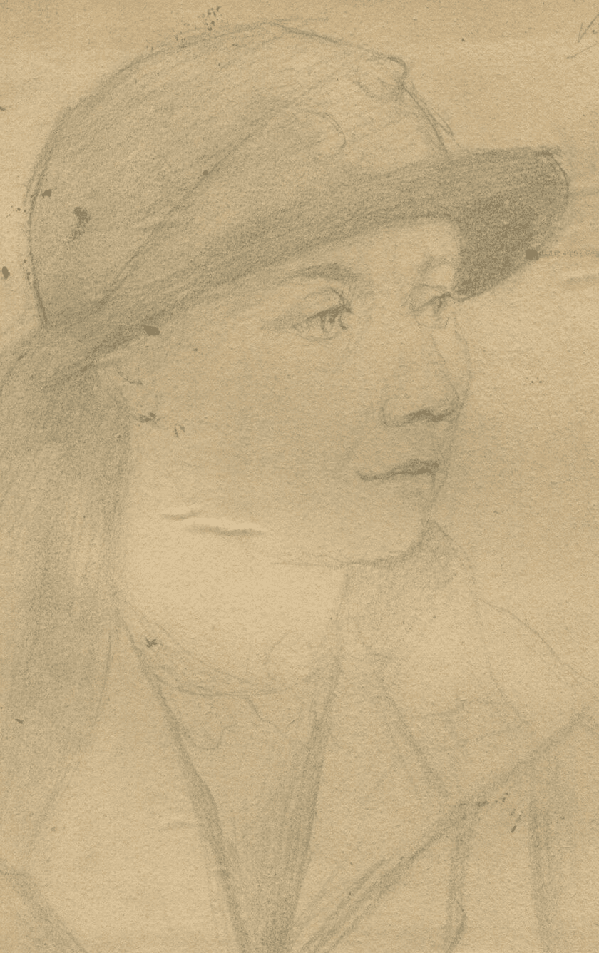 Antique Pencil Drawing Original Woman Portrait with Hat signed image 1