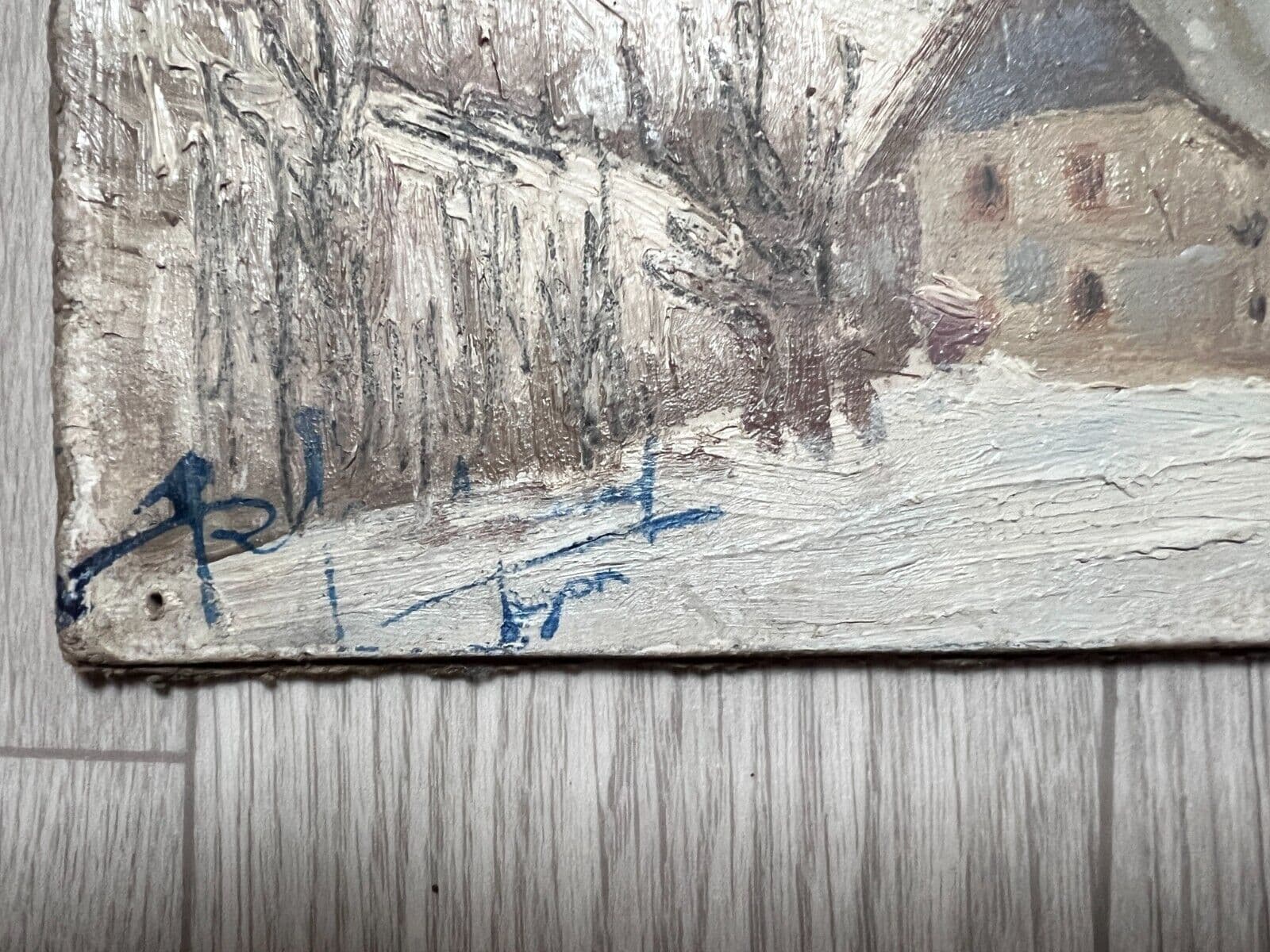Antique Original Painting signed WinterLandscape, Town, Mountain Robert BELGRAND image 4