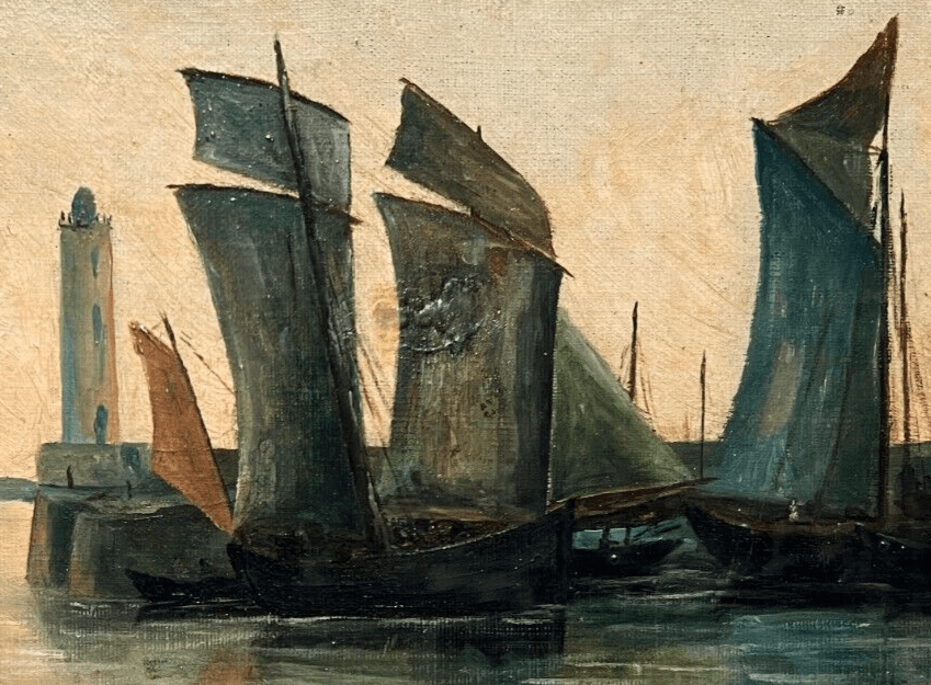 Antique Oil Painting Original Landscape, Seaview, Boats signed 19th century image 3