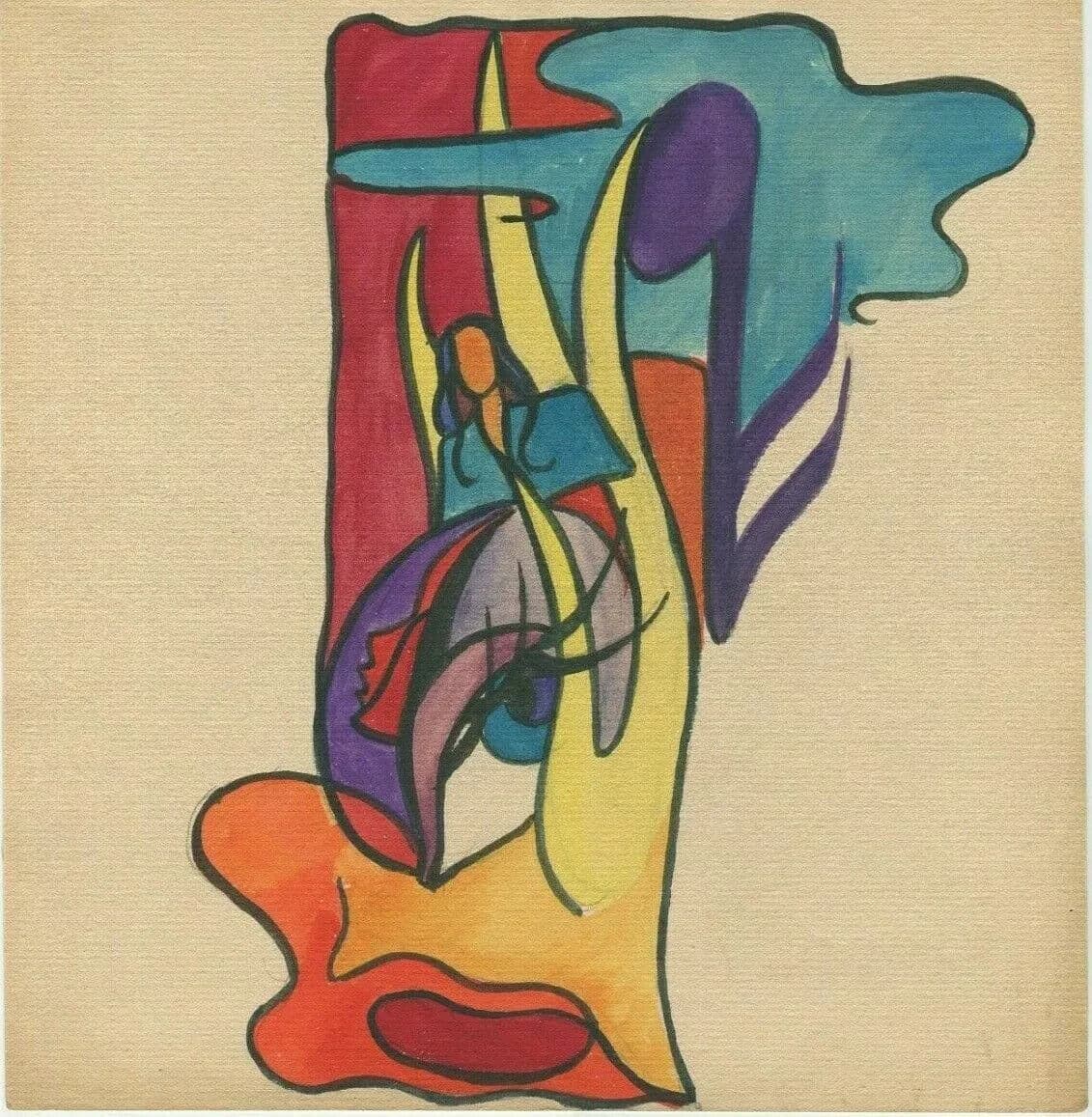 Vintage Original Modern Art Drawing Abstract Figure, Abstraction, Eye image 5