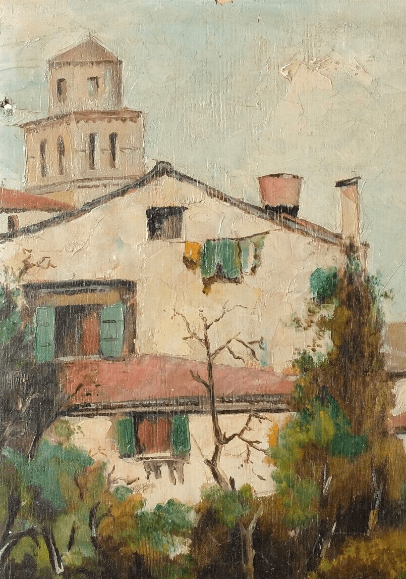 Antique Oil Painting Original Signed MARIN Landscape, Village, House, Canal image 1