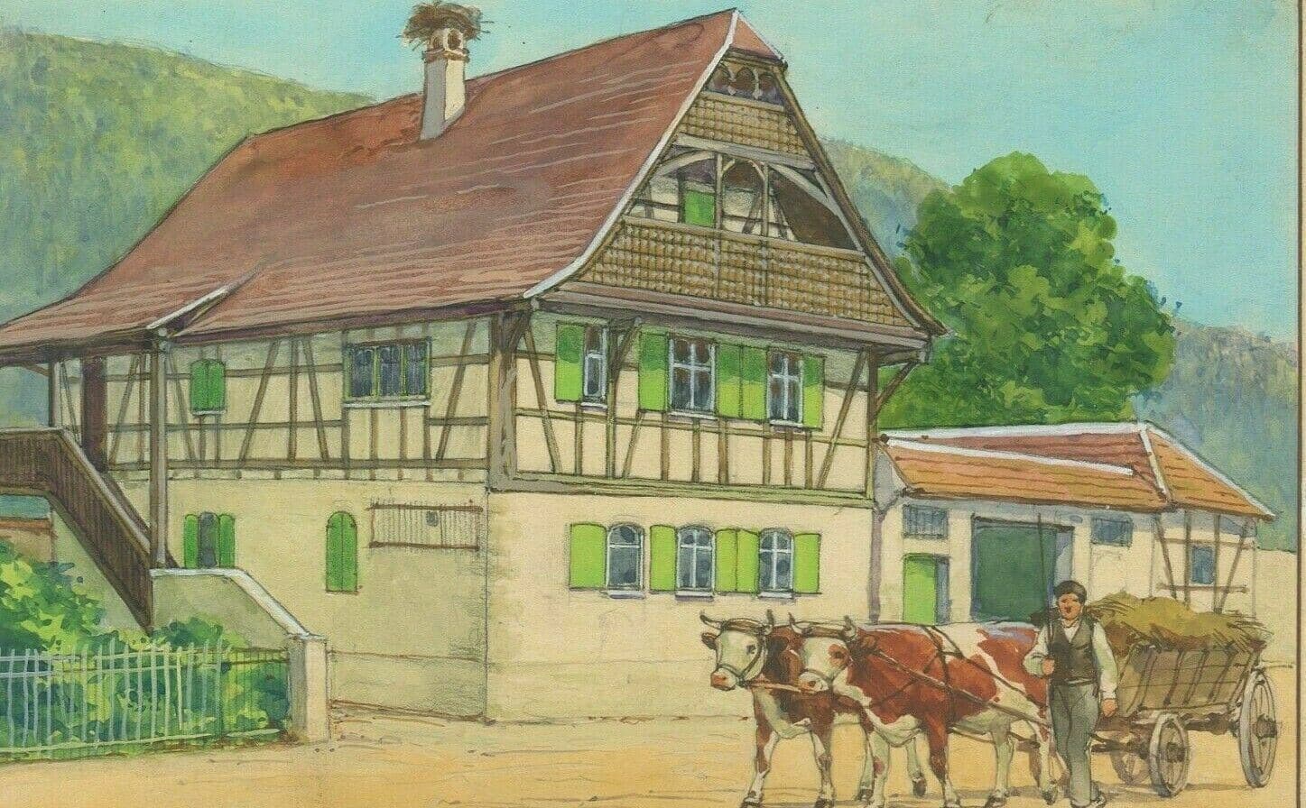 Vintage Drawing Original Art Deco Gouache House Illustration Artwork