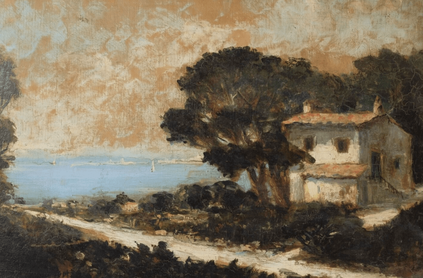 Antique Oil Old Original Painting Signed Landscape by the Sea Artwork image 1