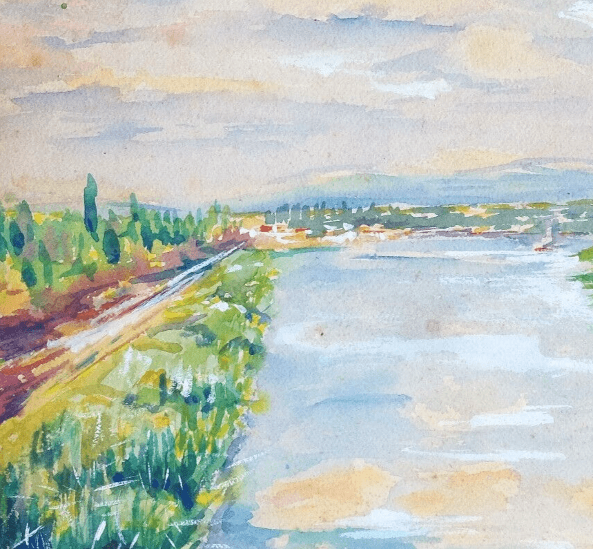 Antique Oil Original Watercolor Landscape with River French image 2
