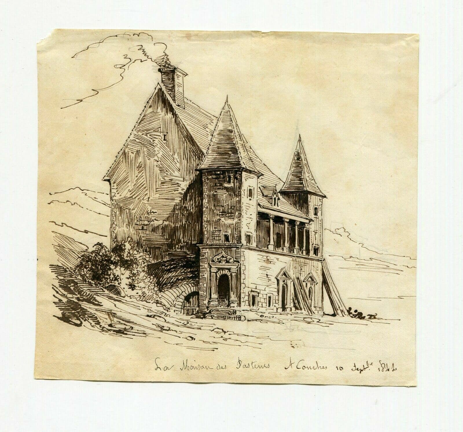Antique Ink Drawing 19th century Conches Landscape 1841 image 6