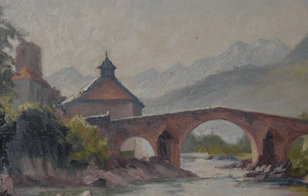 Antique Oil Painting Signed Gaston MOREAU (1885-?) Landscape and Bridge image 2