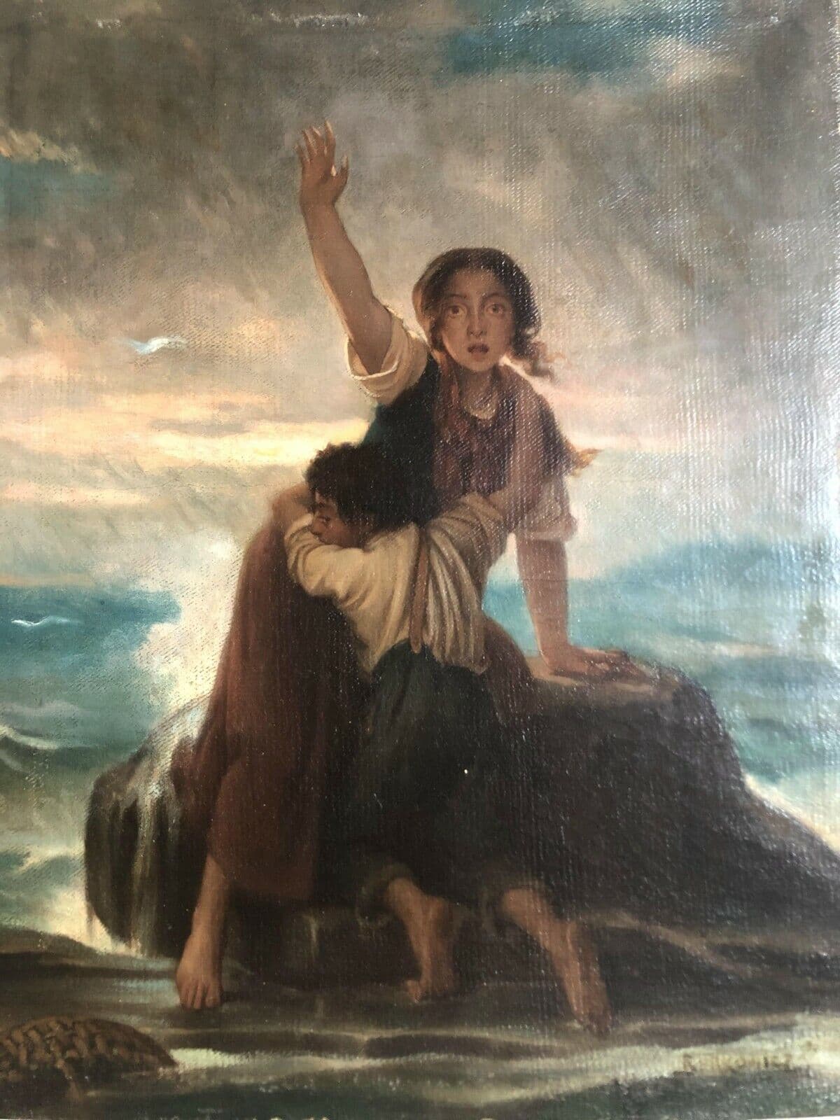 Antique Original Painting 19th century Woman Shipwreck with Little Kid signed