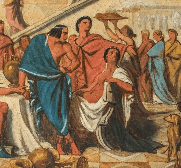 Antique Painting Original Old 19th century Banquet Scene in Athens, People image 4
