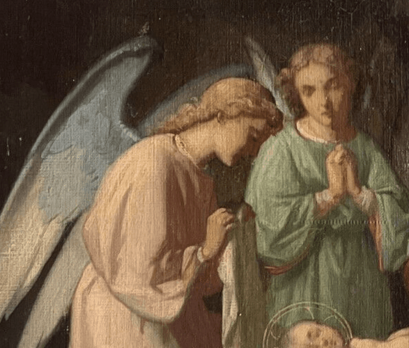 Antique Painting Original 19th century Religious Christ, Mary, Apostles Nativity image 2