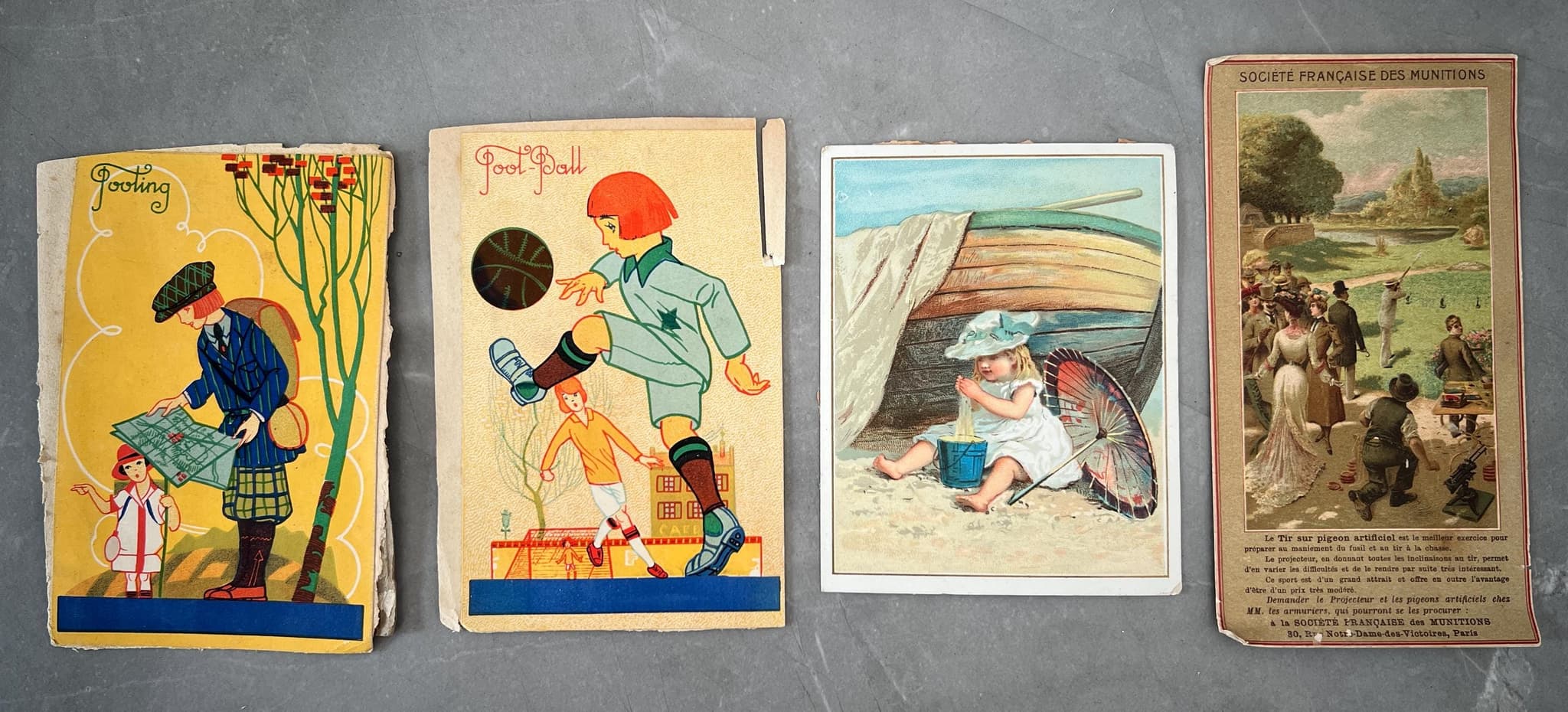 Set of 4 Vintage French Cards - Sports, Childhood, and Hunting Scenes image 1