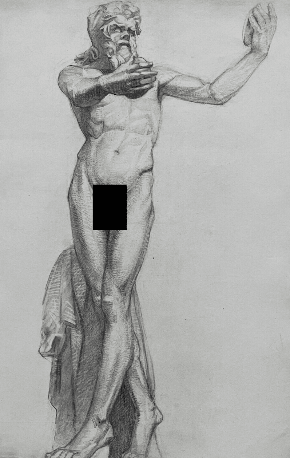 Antique Drawing Original Charcoal Portrait Nude Man Sculpture 19th century