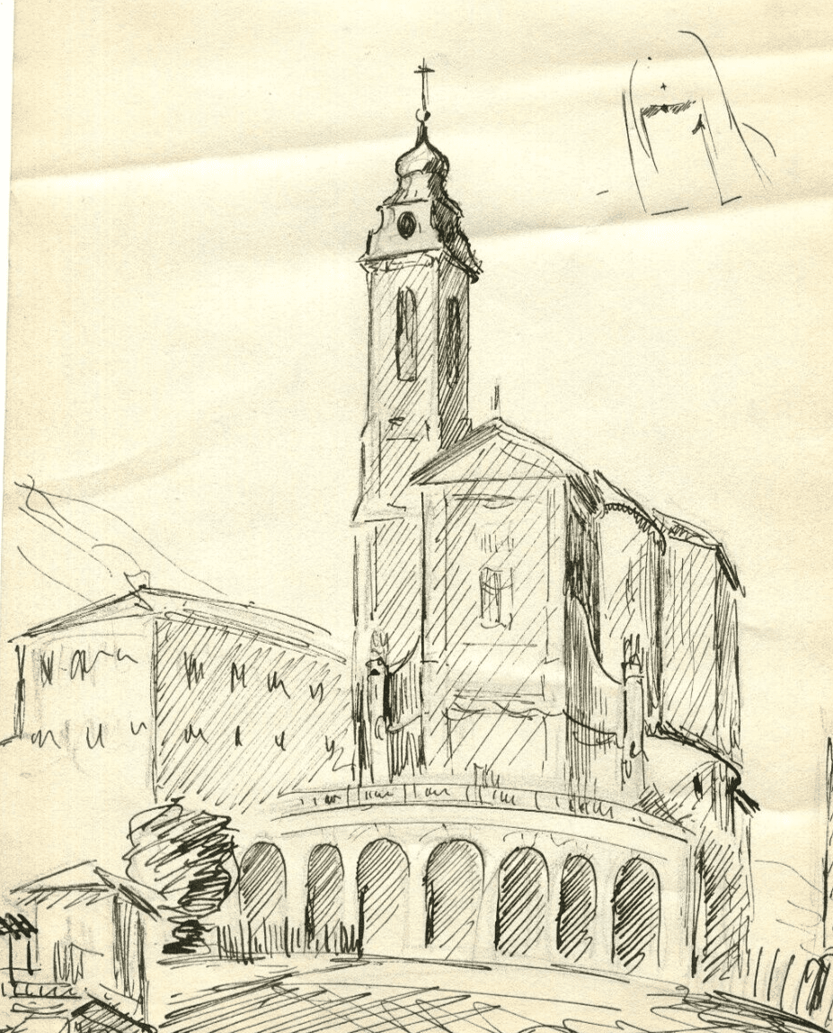 Vintage Ink Original Drawing Cityview, Nice, France Church