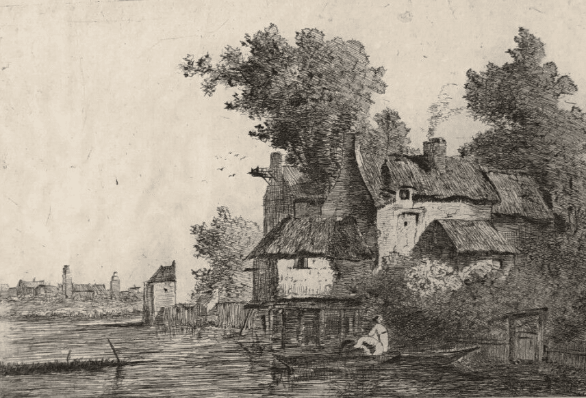 Antique Etching Original Landscape, Tree, Man, House, Boat