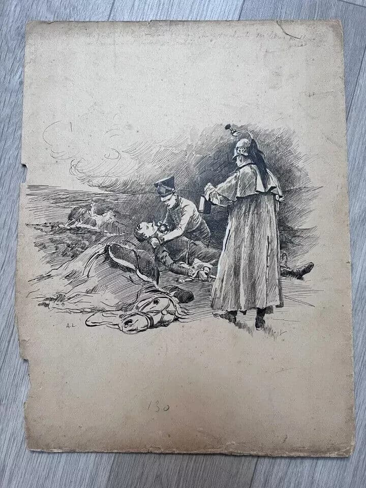 Antique Drawing 19th century Original War Military Scene, Death image 7